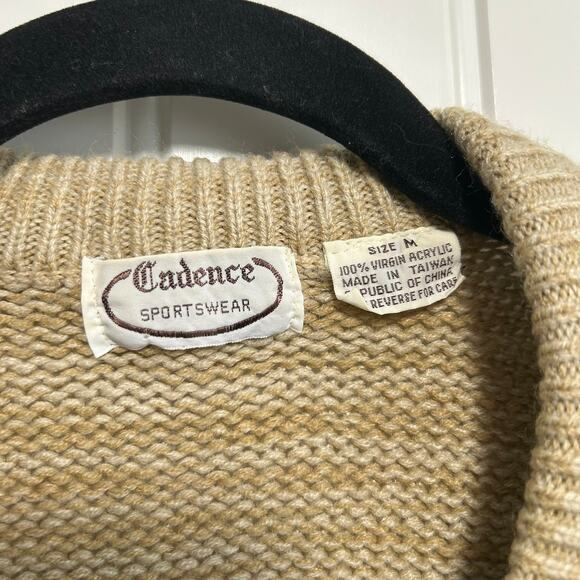 Vintage 70s Cadence Fisherman Cable Knit Sweater V-Neck Coastal Neutral Size M - Picture 4 of 10